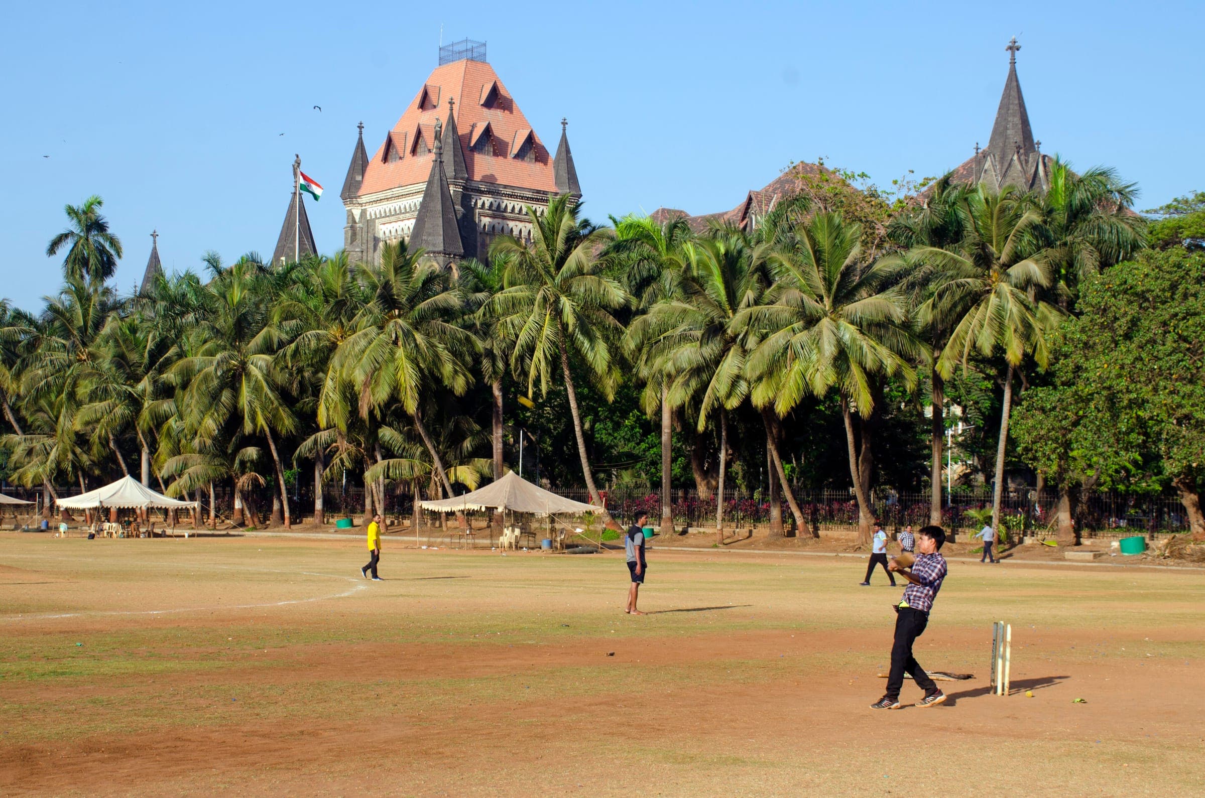 Boys playing cricket on the Oval Maidan with the Bombay High Court behind the palms